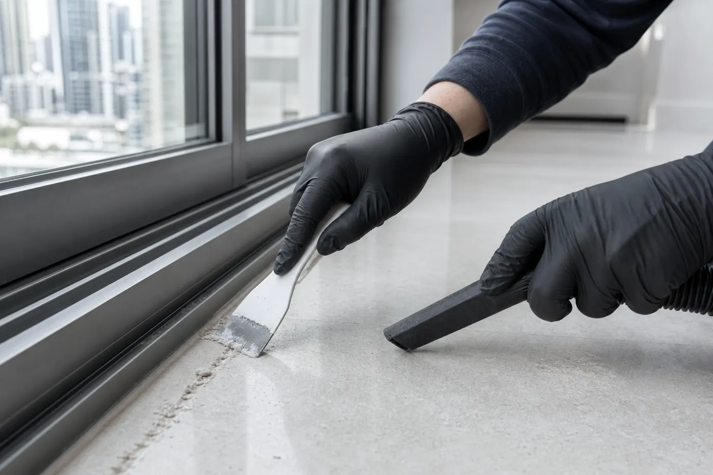 Detalhe do cuidado na remoção de resíduos junto à esquadria
