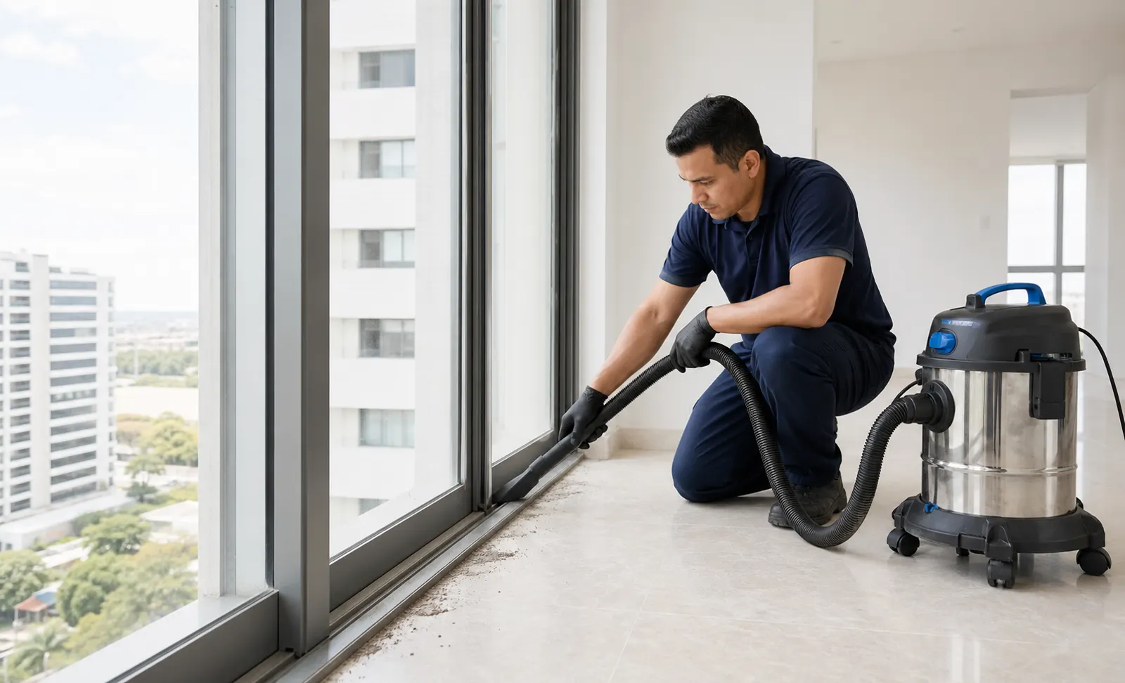 Profissional realizando limpeza cuidadosa em uma esquadria após a obra