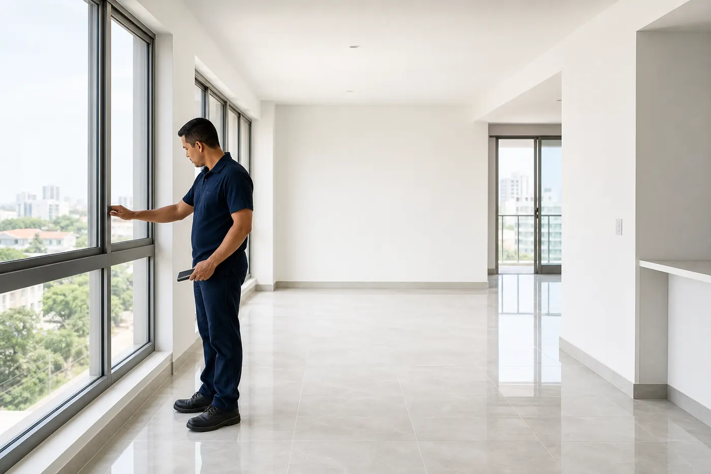 Profissional conferindo os acabamentos de um imóvel limpo